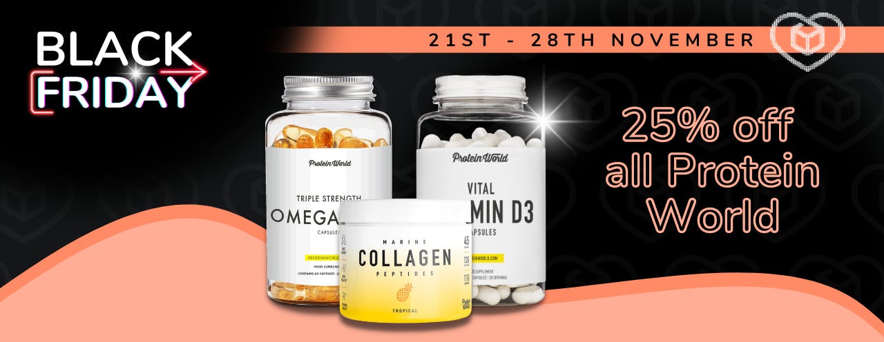 Protein world omega 3 supplements, collagen peptides and vitamin d3 tablets on a black background